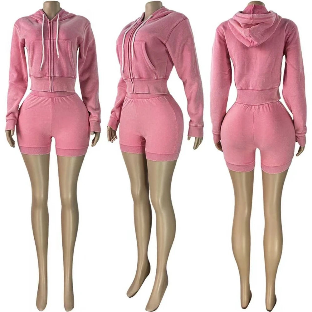 HLJ&GG High Quality Washed Casual Zip Hooded Two Piece Sets Women Long Sleeve Top+Biker Shorts Outfits Fashion Sporty Streetwear