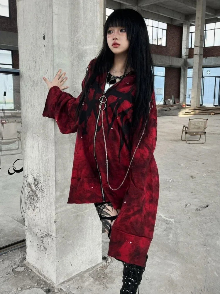 2025 Y2k Aesthetic Printing Punk Hoodies Women Grunge Loose Pocket Oversized Hooded Hoody Harajuku Streetwear Zipper Sweatshirts