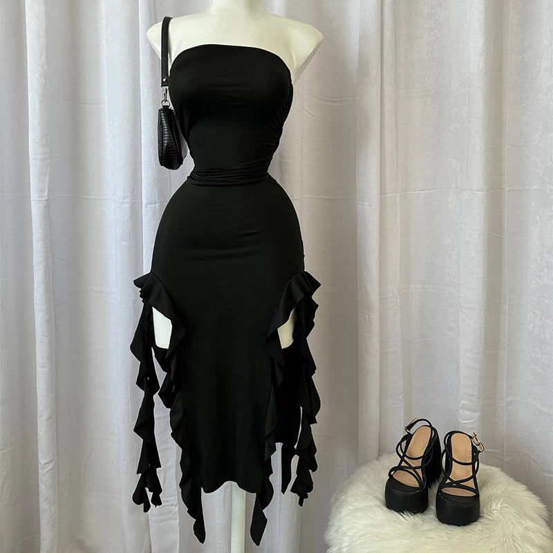 Sexy Strapless Tube Long Dress Summer Women Sleeveless Backless Irregular Layered Ruffled Tassels Skirt Y2K Fashion Slim Dresses