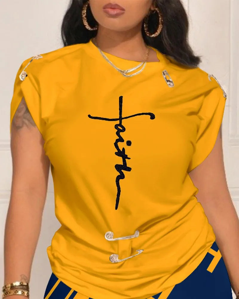 Women Leisure Pin Digital Printing Set O Neck Short Sleeve T-shirt And Shorts 2 Pieces Sets Summer Top + Short Pant 2 PCS Suits