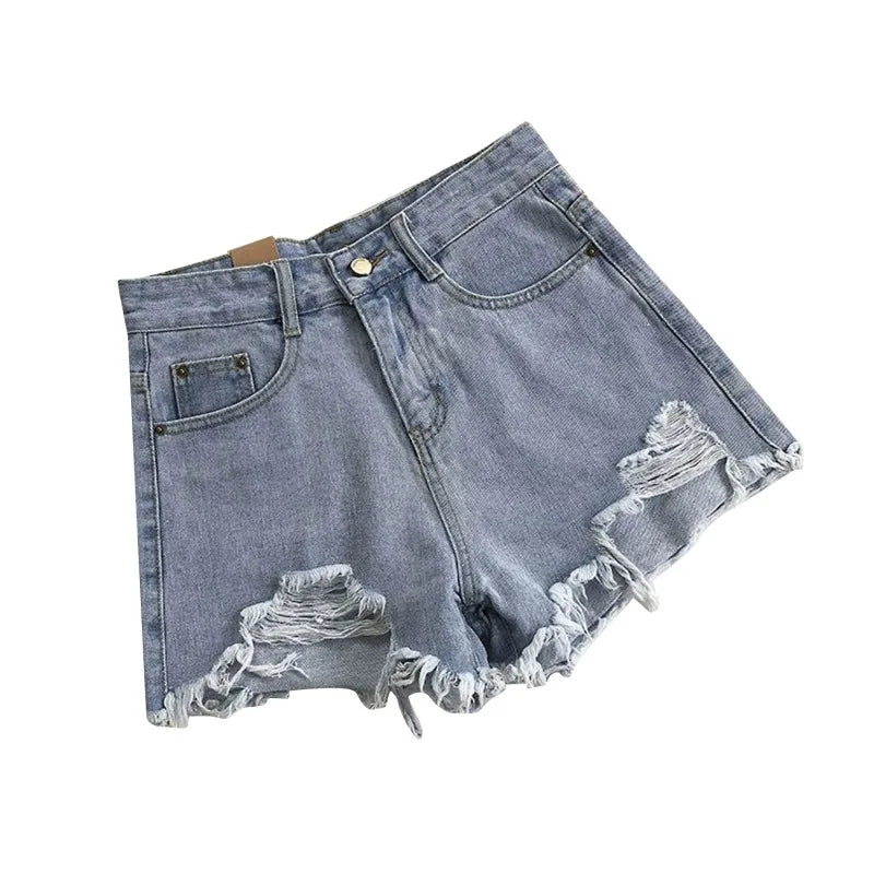 Korean Denim Shorts Women Summer Fashion Casual High Waist Ripped Jeans Pocket Tassel Hot Pants Streetwear Blue Trousers