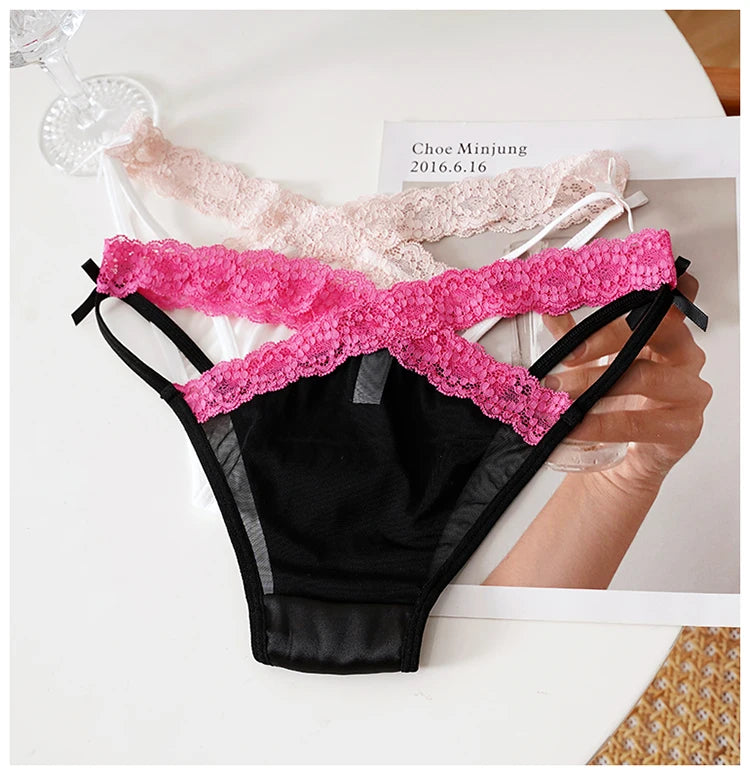 Meet'r Sexy Tempting Underwear Panties Lingerie French Satin Lace Ice Silk Transparent Knit Low Waist Triangle Briefs for Women