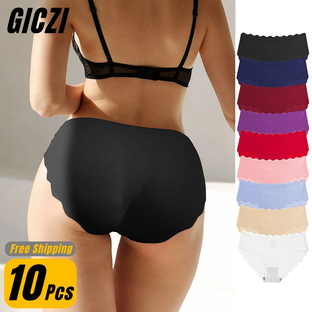 GICZI 10Pcs/Set Women's Panties Seamless Ice Silk Underwear for Woman Multicolor Striped Briefs 2024 New Fashion Underpants S-L
