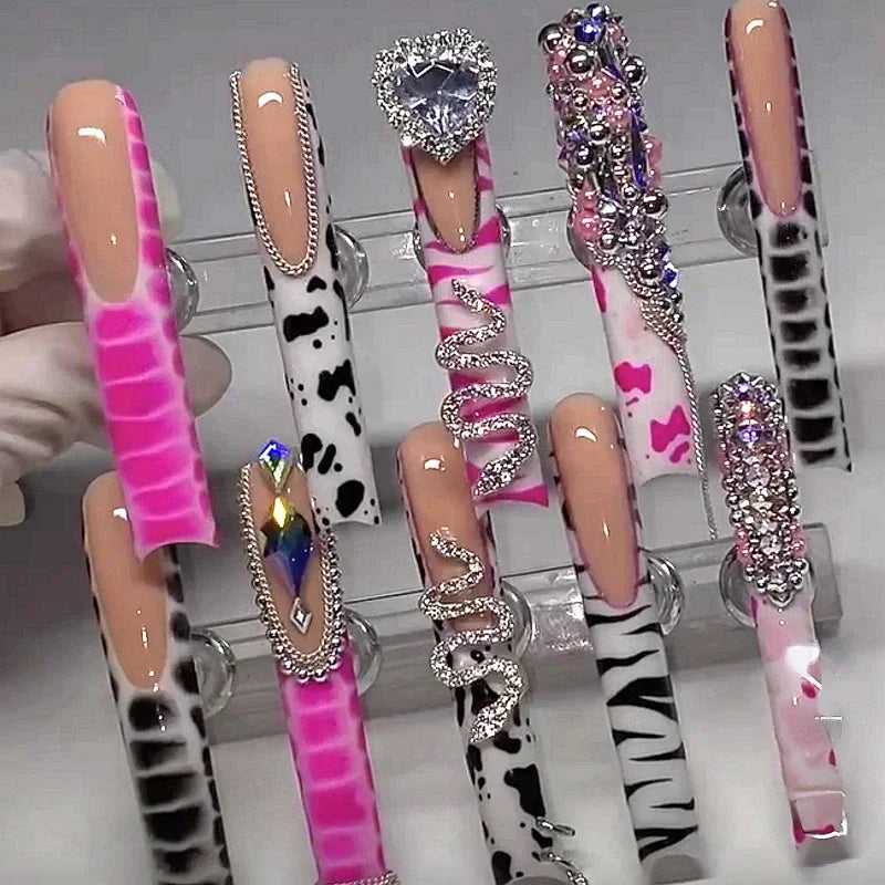 Handmade Crocodile Print Y2K Pink Custom XXXL Long Square Press On Nails Acrylic False Nail Tips Bling Fake Nail With Glue Party