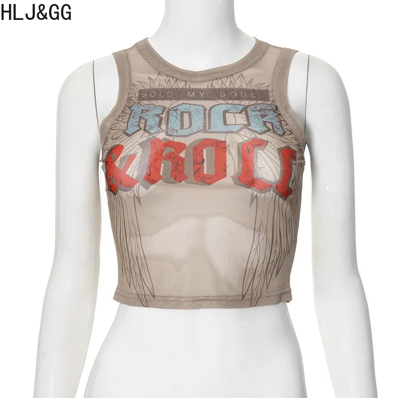 HLJ&GG Y2K Fashion Mesh Letter Printing Tank Top 3 Piece Sets Women Sleeveless Slim Vest And Denim Shorts Outfit With Chain 2025