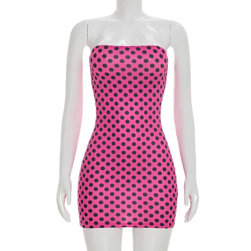 Sexy Strapless Backless Mini Dress Women Dot Print Party Club Y2K Clothes Bodycon Summer Off Shoulder Sleeveless Dresses Outfit