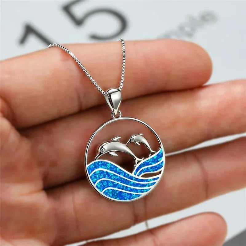 Boho Cute Sea Dolphin Pendant Necklace for Girl Statement Women Accessories Fashion Imitation Blue Opal Necklace Jewelry Gifts