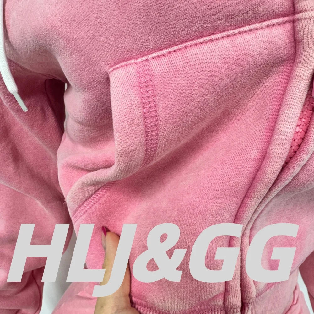 HLJ&GG High Quality Washed Casual Zip Hooded Two Piece Sets Women Long Sleeve Top+Biker Shorts Outfits Fashion Sporty Streetwear