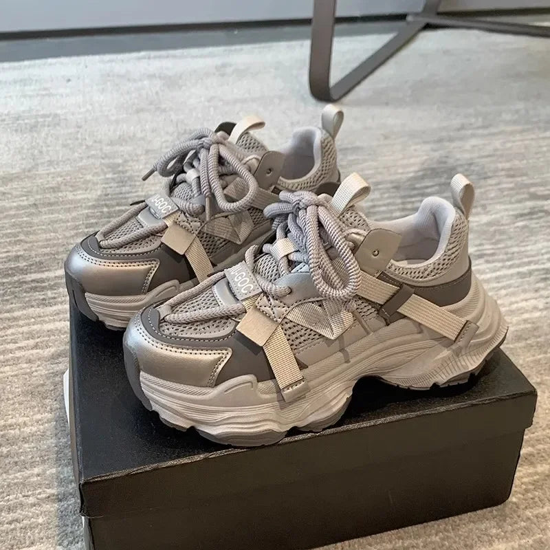 Women's Chunky Sneakers  Breathable Mesh Platform Sports Shoes Woman Fashion Lace Up Thick Sole Casual Shoes Mujer