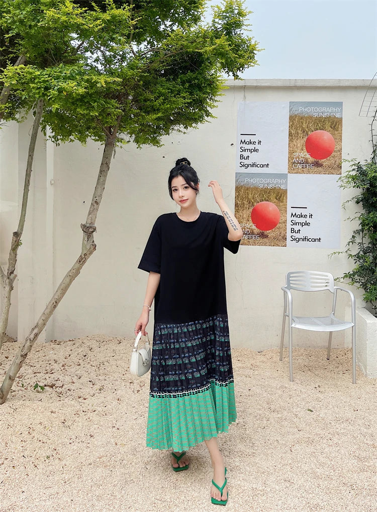 NYFS 2026 Summer New Korean Woman Dress Vestidos Robe Elbise Loose Plus Size Short Sleeve Patchwork Two Fake Pieces Long Dresses