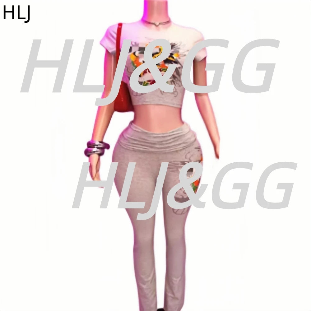 HLJ Fashion Vintage Pattern Print Two Piece Sets Women O Neck Slim Crop Top And Skinny Pants Outfits Y2K Lady 2pcs Steetwear BR