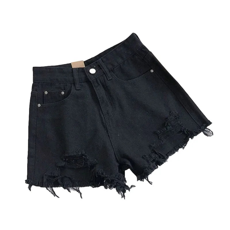 Korean Denim Shorts Women Summer Fashion Casual High Waist Ripped Jeans Pocket Tassel Hot Pants Streetwear Blue Trousers