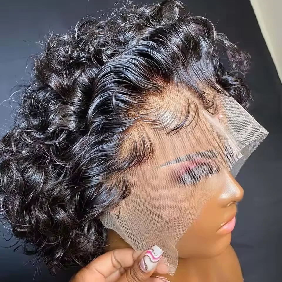 Pixie Cut Wig 13x1 Lace Frontal Short Kinky Curly Bob Wigs Brazilian Water Wave Transparent Lace Front Human Hair Short Wigs