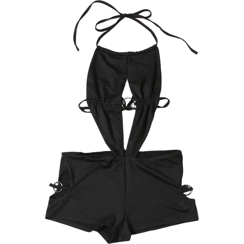 HLJ Sexy Deep V Neck Bodycon Romper for Women Black Halter Sleeveless Backless Shorts Jumpsuit Female Club Party Streetwear New