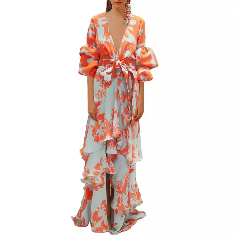 Summer Chiffon Floral Print Dress for Women Casual Short Sleeve Holiday Long Dress Female V-Neck Beach Irregular Bohemian Dress