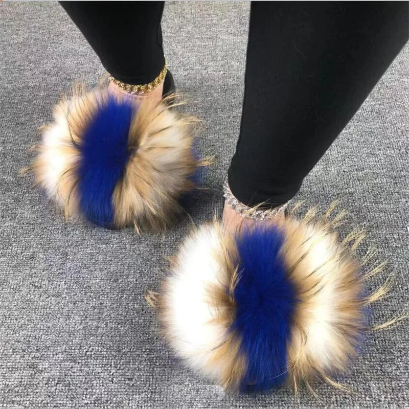 Women Summer Real Fox Fur Slippers Colorful Real Fur Slippers Flat Bottomed Anti Slip Fur Ladies Shoes Outdoor Designer Shoes