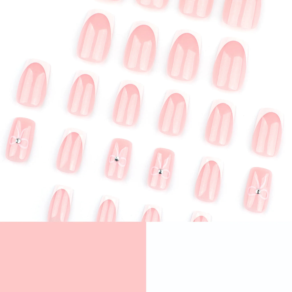 24pcs Simple French Fake Nails Pink Bow White Edge Press on Nails Women Full Cover Wearable Short Coffin False Nail Tips