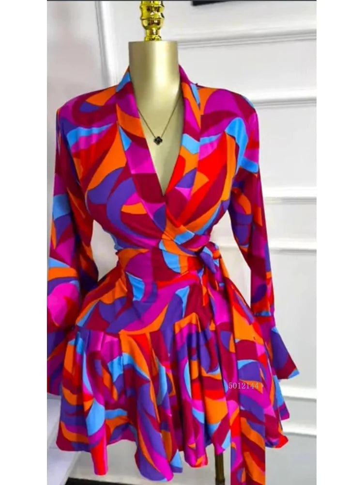Elegant Women Tie Dye Print Flare Long Sleeve Wrap V-neck with Sashes Ruffle Dress 2026 Elegant Vacation Party Birthday Dresses