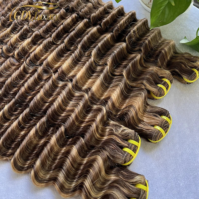Raw P4/27 Highlight Deep Wave Bundles Ombre Brown Curly Human Hair Bundle Vietnamese Virgin hair 100% Human Hair Extensions