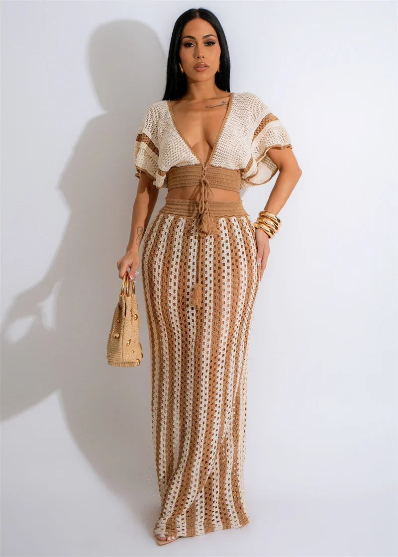 Striped Knitted Two Piece Set Women Outfit Y2K Clothes Clubwear Party Hollow Out V-neck Crop Top and Long Skirt Maxi Dress Sets