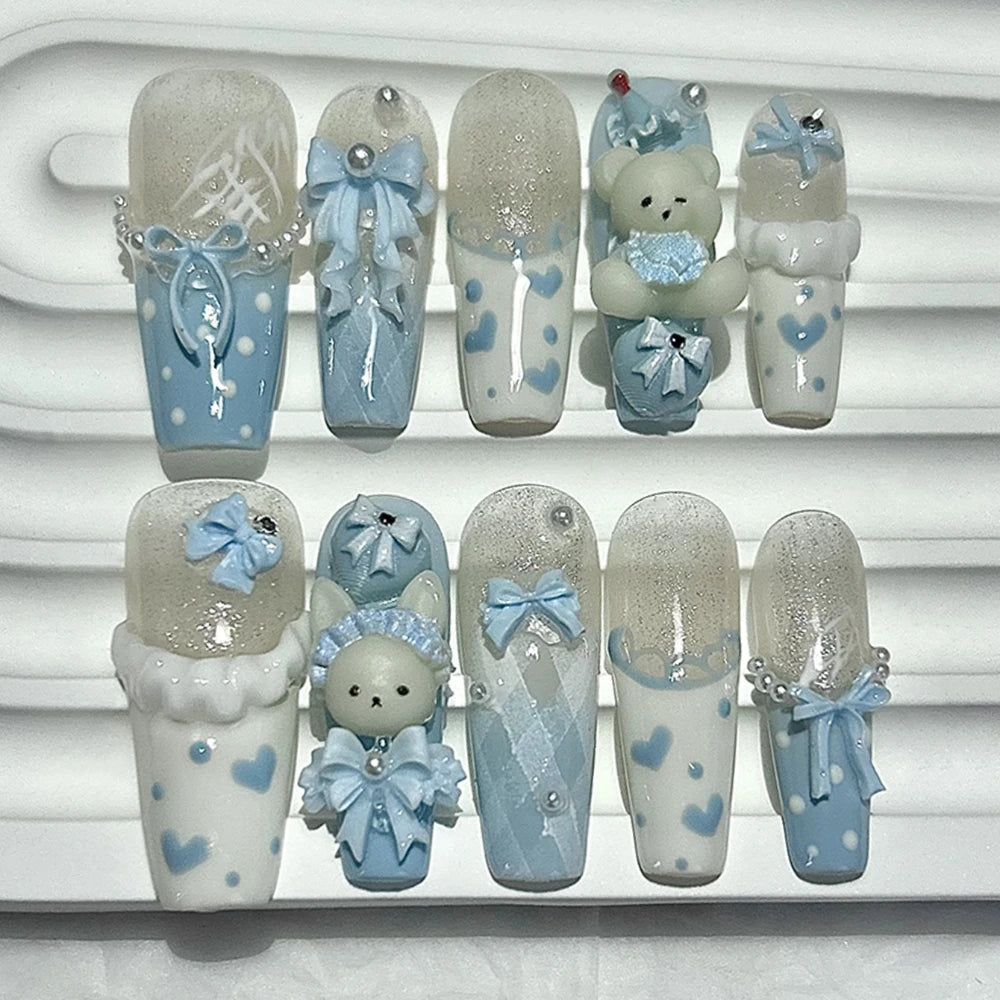 10PCS Kawaii 3D Bow Teddy French Handmade Press On Nails Cute Blue Bunny Long Fake Nails Pearls Heart Polka Dot Girl Nail Art