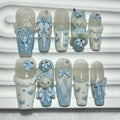 10PCS Kawaii 3D Bow Teddy French Handmade Press On Nails Cute Blue Bunny Long Fake Nails Pearls Heart Polka Dot Girl Nail Art