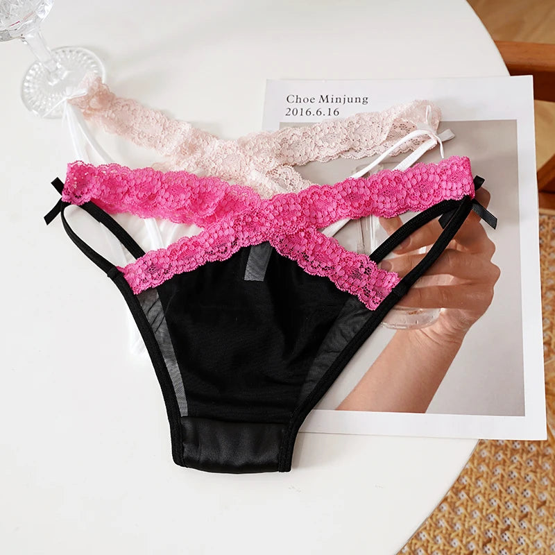 Meet'r Sexy Tempting Underwear Panties Lingerie French Satin Lace Ice Silk Transparent Knit Low Waist Triangle Briefs for Women