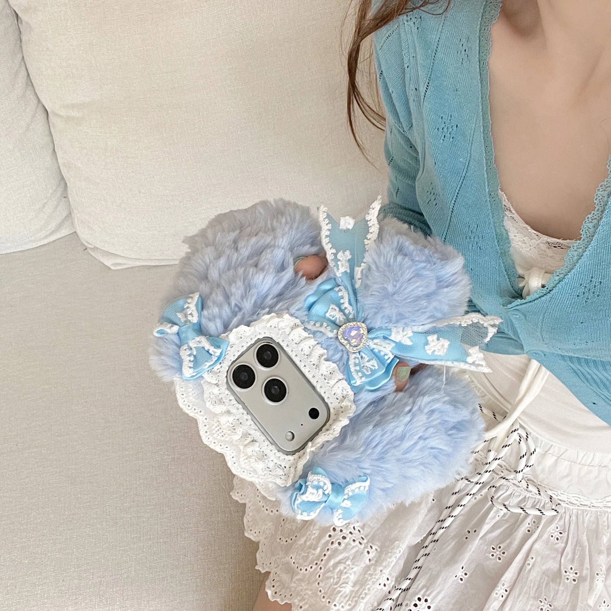 Plush Cute pink blue rabbit  Phone Case for IPhone17 16 15 14 13 Pro Max Soft Silicone Warm Fur Anti-drop luxury Back Cover