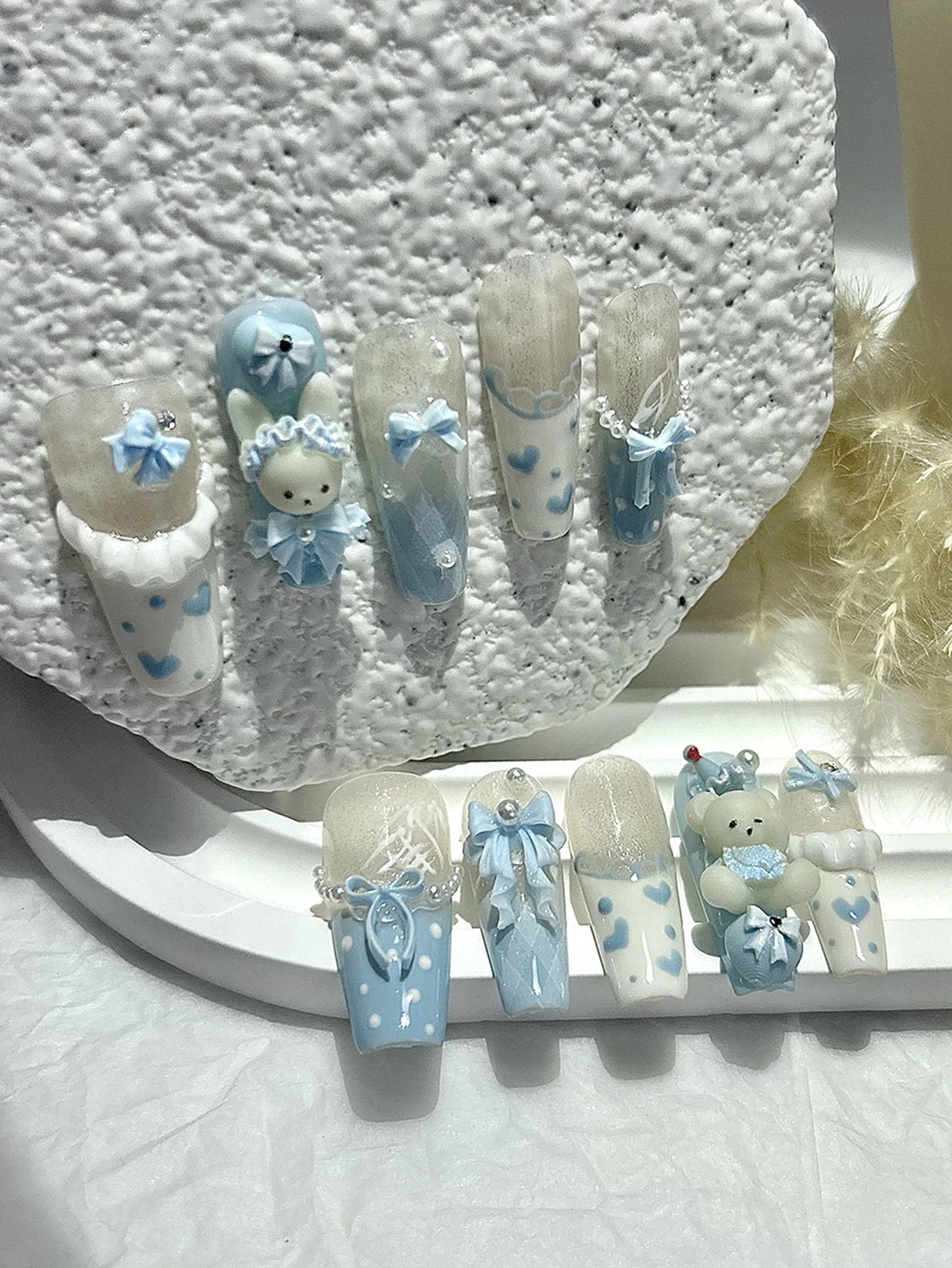 10PCS Kawaii 3D Bow Teddy French Handmade Press On Nails Cute Blue Bunny Long Fake Nails Pearls Heart Polka Dot Girl Nail Art