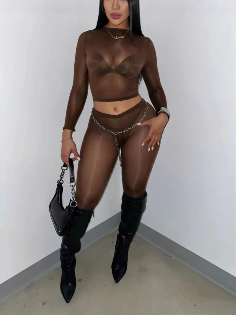 Sexy Women 2 Piece Set Stretchy Shiny See-through Crop Top and Skinny Pants Suits Female Night Clubwear Outfits