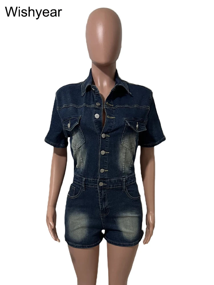 Fashion Denim Shorts Jumpsuits for Women Washing Short Sleeve Buttons Playsuits One Pieces Rompers Female Streetwear Overalls