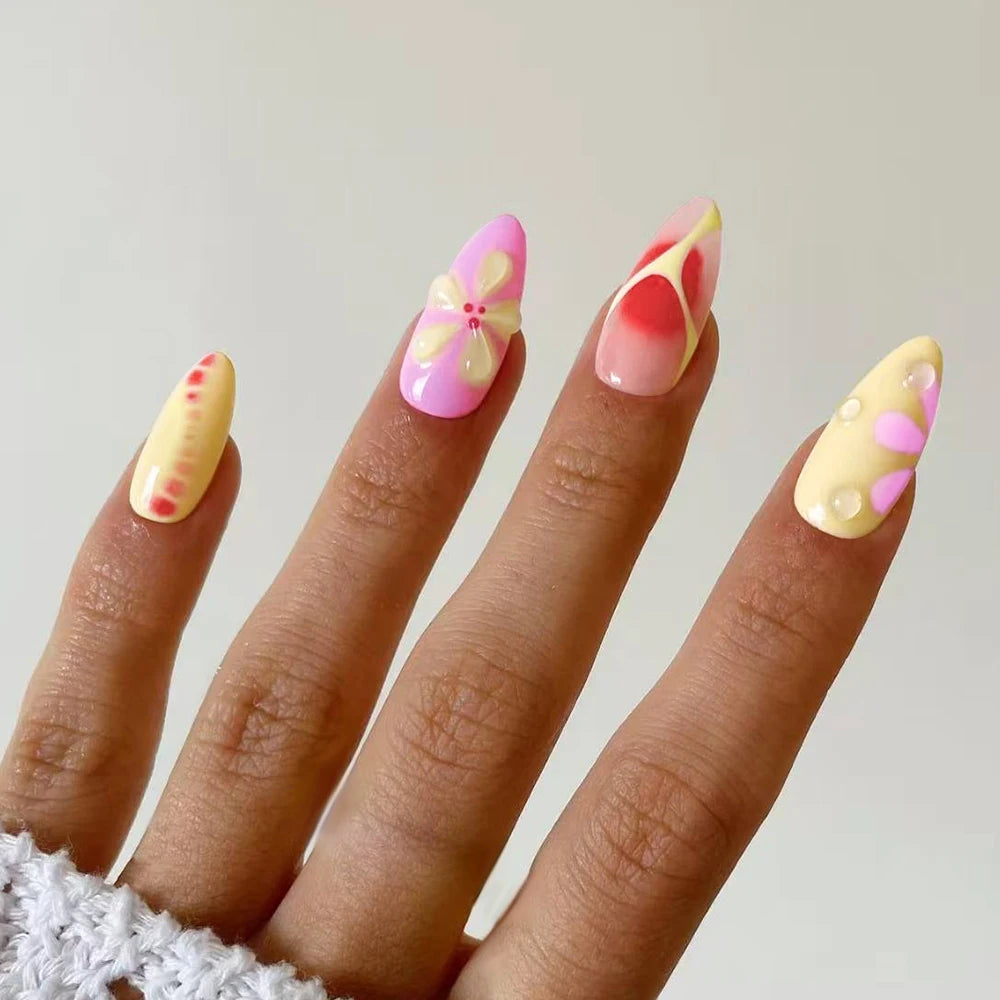 24 pcs  long almond French press on nails,3D gel  flower manicure design, summer manicure, suitable for women and girls to wear