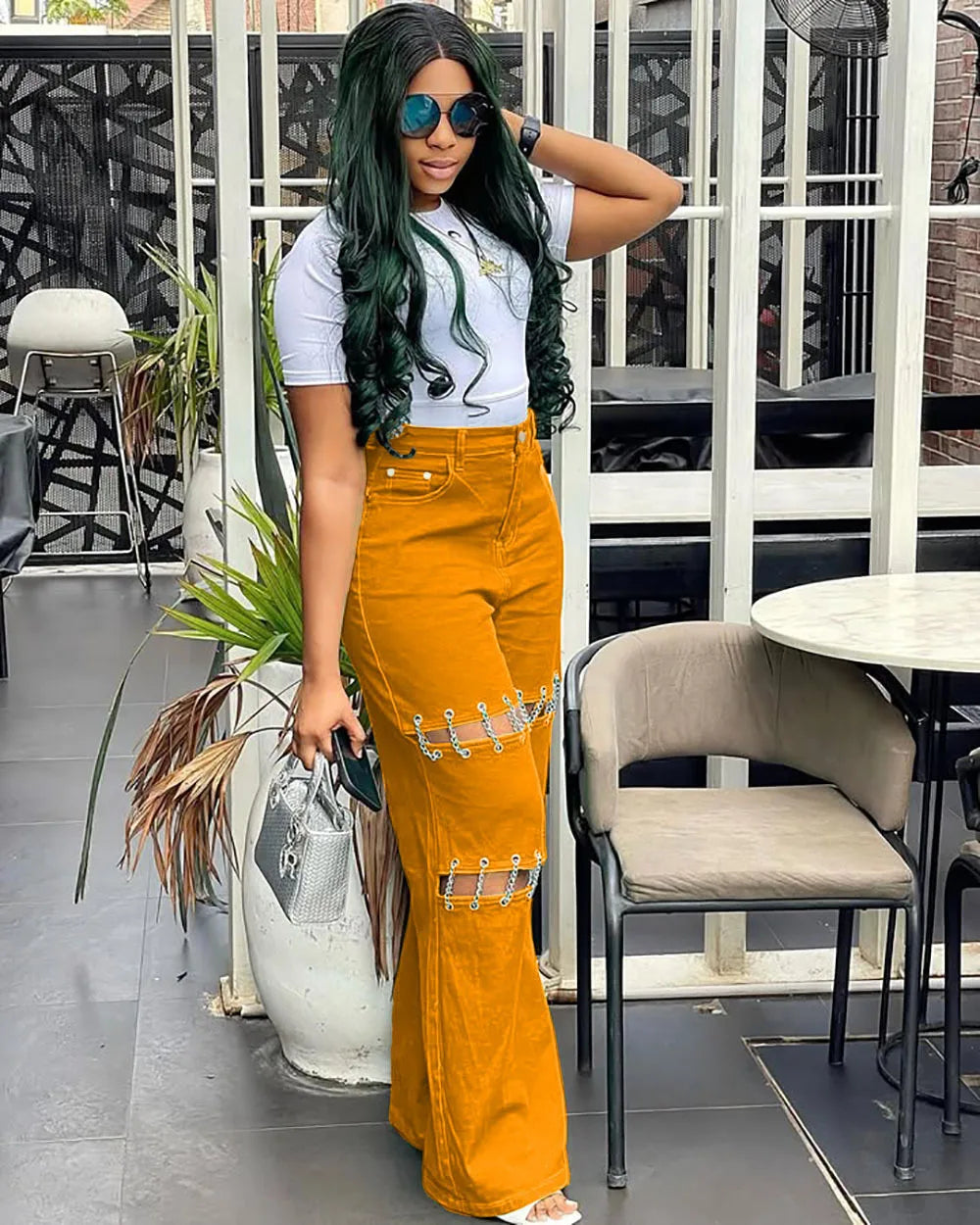 High Waist Green Ripped Chain Decoration Patchwork Wide Leg Denim Pants Women Fashion Casual Personality Trendy Long Trousers