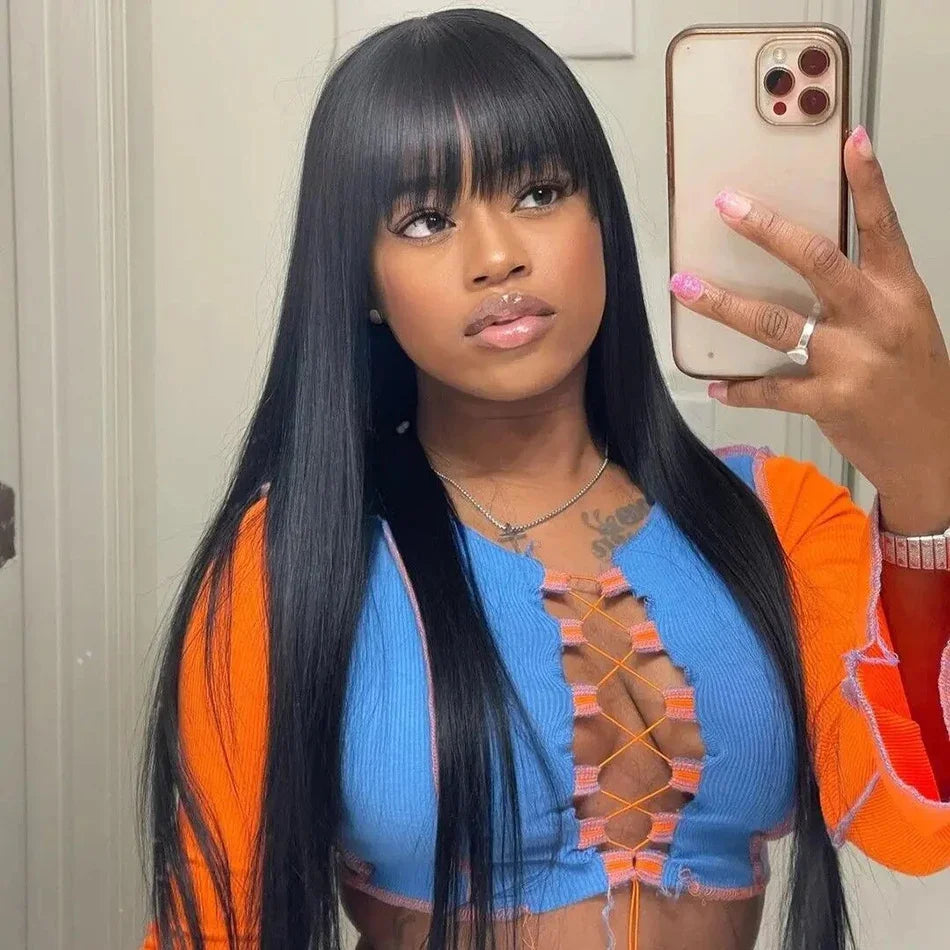 Human Hair Wigs with Bangs 32 Inches Full Machine Made Hair Wig Bone Straight 200 Density Glueless Wig Human Hair Non Lace Wig