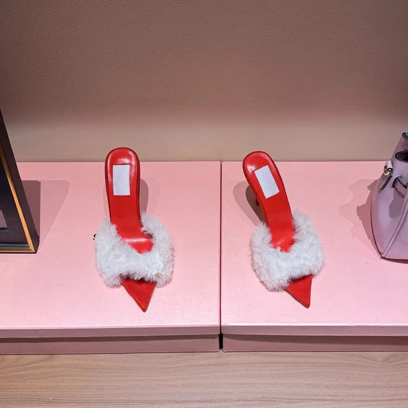 Women's Fox Fur High-Heeled Slippers Stiletto Heel Mules Open Toe Slip On Sandals Suede Upper Party Clubwear Elegant Sandals