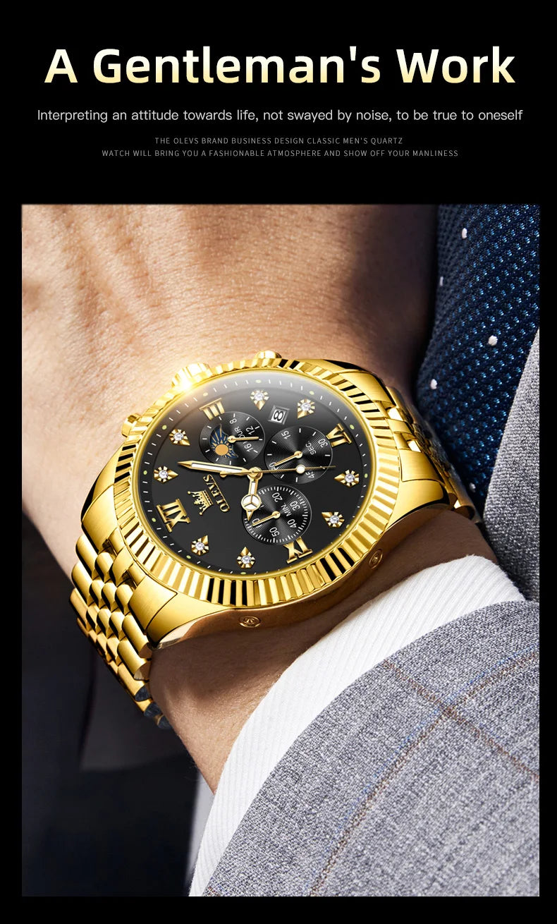 OLEVS Brand Luxury Gold Black Quartz Watch for Men Stainless Steel Waterproof Luminous Date Week Fashion Men Watches Reloj Hombr