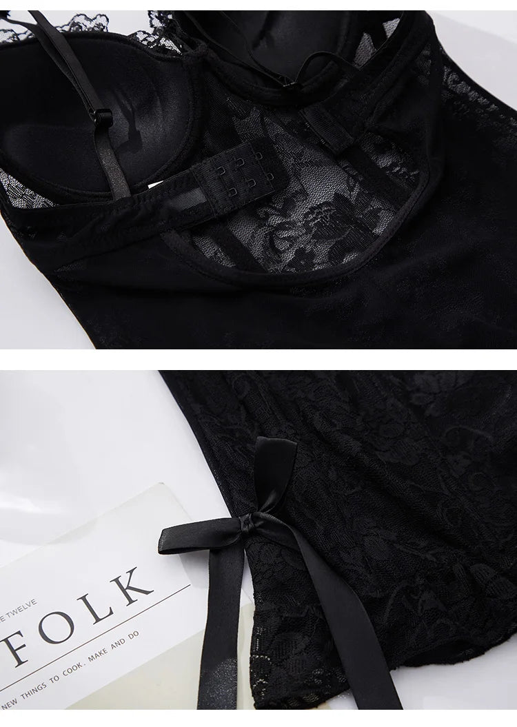 Meet'r Women Sexy Lace Corset Elasticity Temptation Body Bustier Underwear Push Up Slim Garter Belts Suit Breathable Lingerie