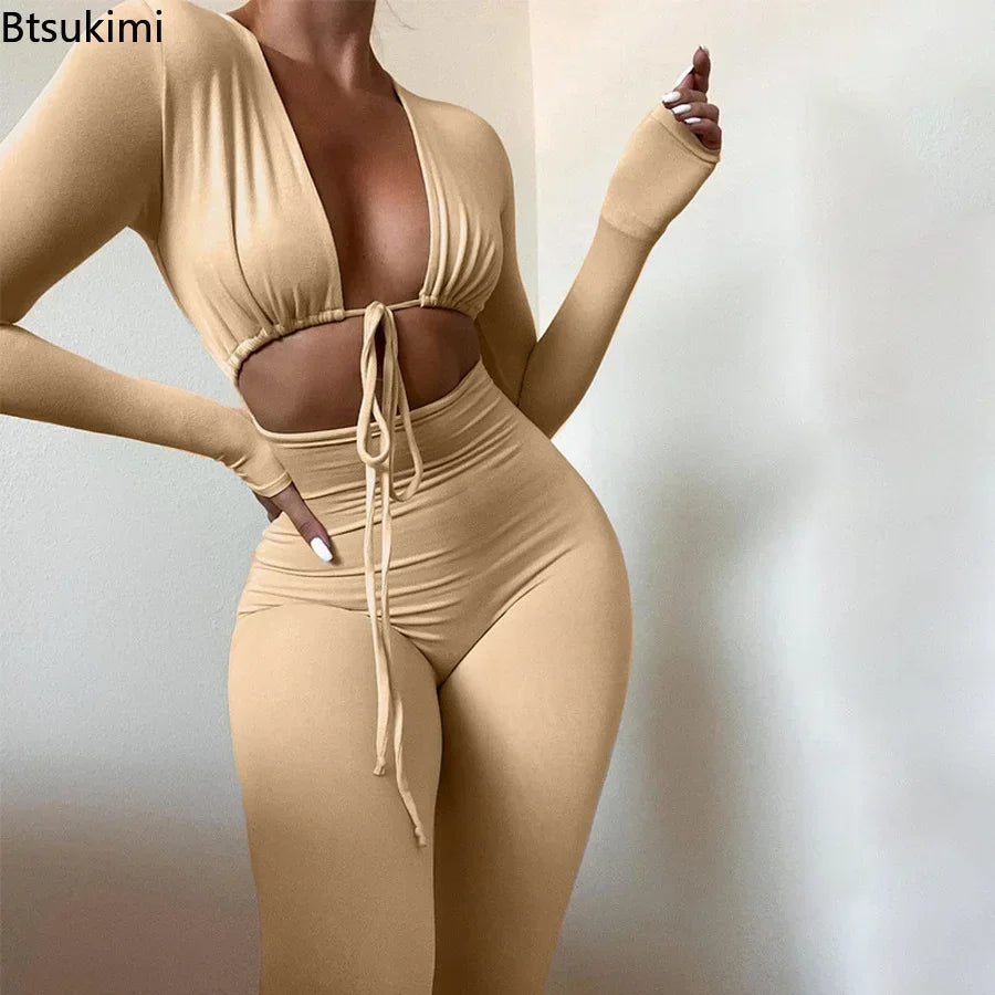 Summer Y2K Streetwear Women's Sexy Hollow Out Jumpsuits Bandage Tie Long Sleeve Bodycon Playsuits Women Clothes Gothic Rompers