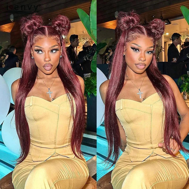 99J Red Colored Lace Front Human Hair Wigs Silky Straight 13X4 13X6 Burgundy Hd Transparent Pre Plucked Lace Frontal Wigs 180%