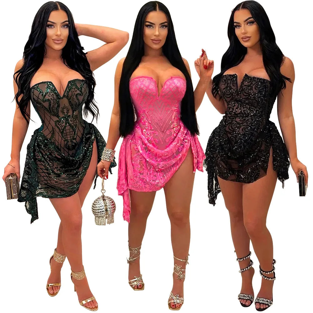 Sequin Ruffle Dress Lady Sexy Party Bodycon Evening Dresses 2024 Women Summer Clothes Elegant Luxury Birthday Club Mini Dresses
