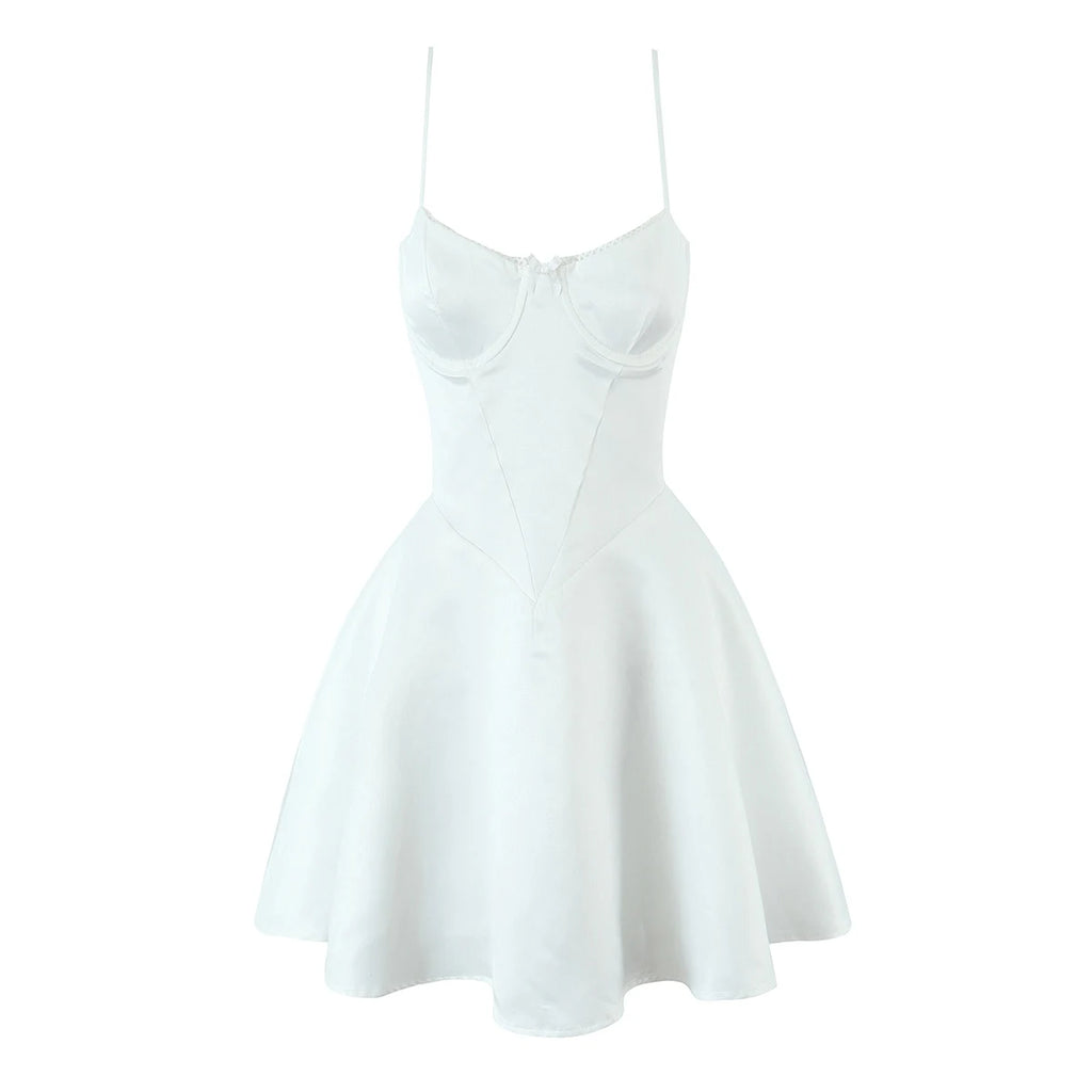 2025 Sexy White Wire Bra Corset Style Satin Sling Dress Women Slim Fit Low Waist Short Ball Gown Swing Dresses Femme Robe Red