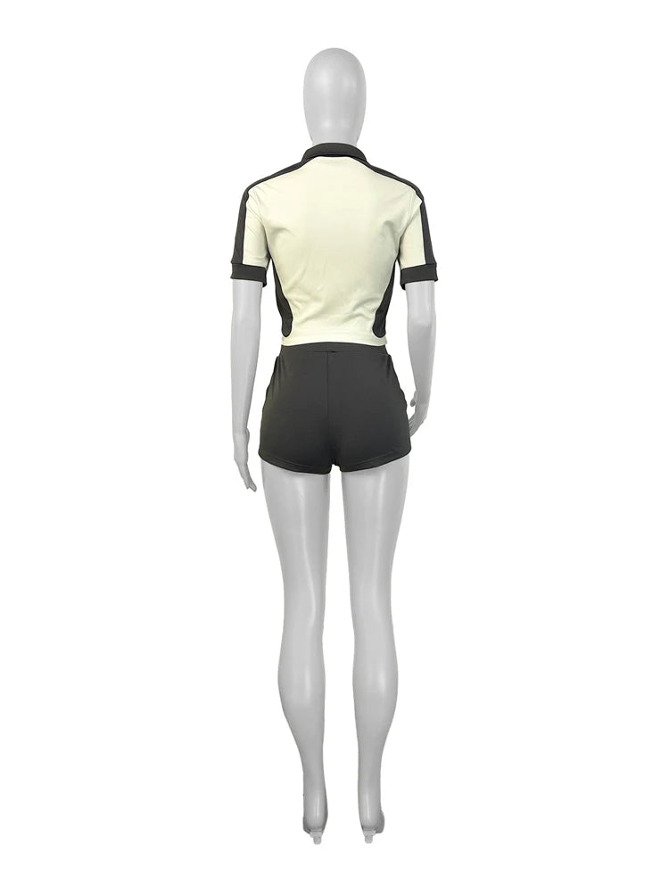 Women Sets Outfit Summer Streetwear Panelled Two Tone Slim Sports Short Sleeve Shorts Suits Zip Crop Tops Casual 2 Two Piece Set
