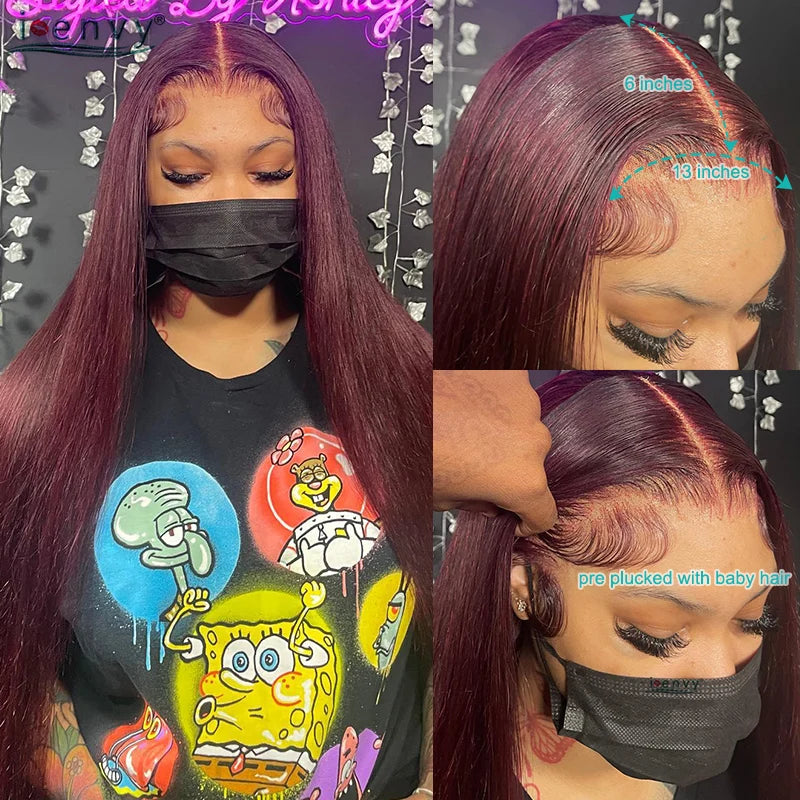 99J Red Colored Lace Front Human Hair Wigs Silky Straight 13X4 13X6 Burgundy Hd Transparent Pre Plucked Lace Frontal Wigs 180%