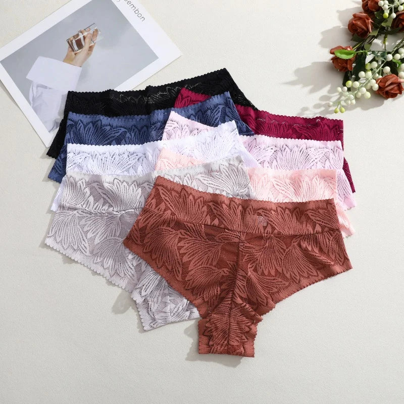 6pcs Women's Sexy Lace Panties Seamless High Waist Transparent Briefs Solid Color Hollow Breathable Female Underwear Large size
