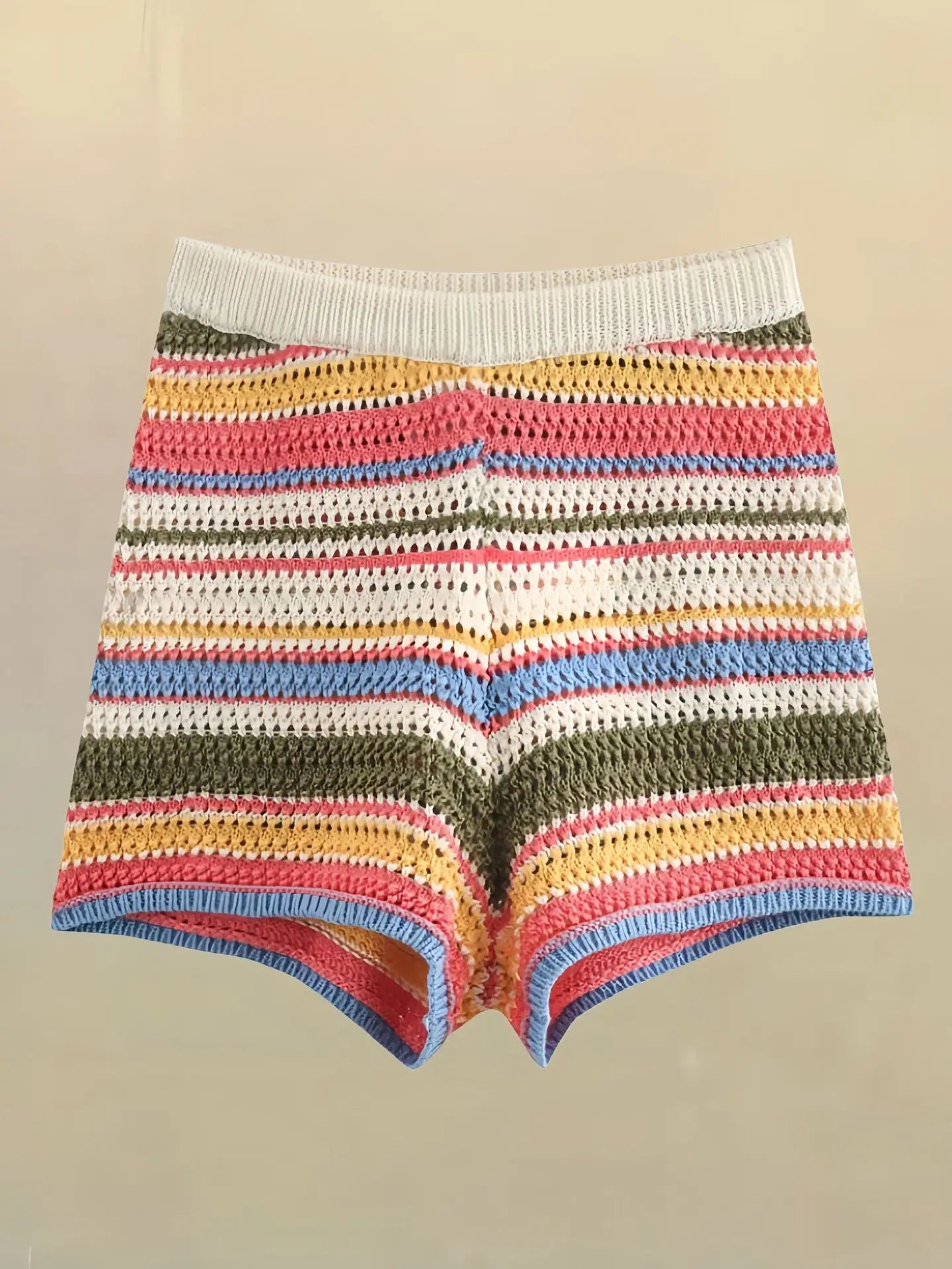 Women Patchwork Striped Hollow Out Crochet Knitted Crop Sweater Shorts Set Short Sleeve Polo Collar Sweater Knit Shorts Suit Y2K