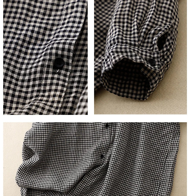 Cotton and linen plaid long-sleeved dress female spring and summer new Korean version of the loose large size temperament casual