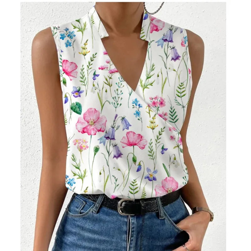 New Tees Women's 2024 Summer Slim V-neck Sexy Simple Style Printing T-shirts Sleeveless Vintage Casual Temperament Ladies Tops