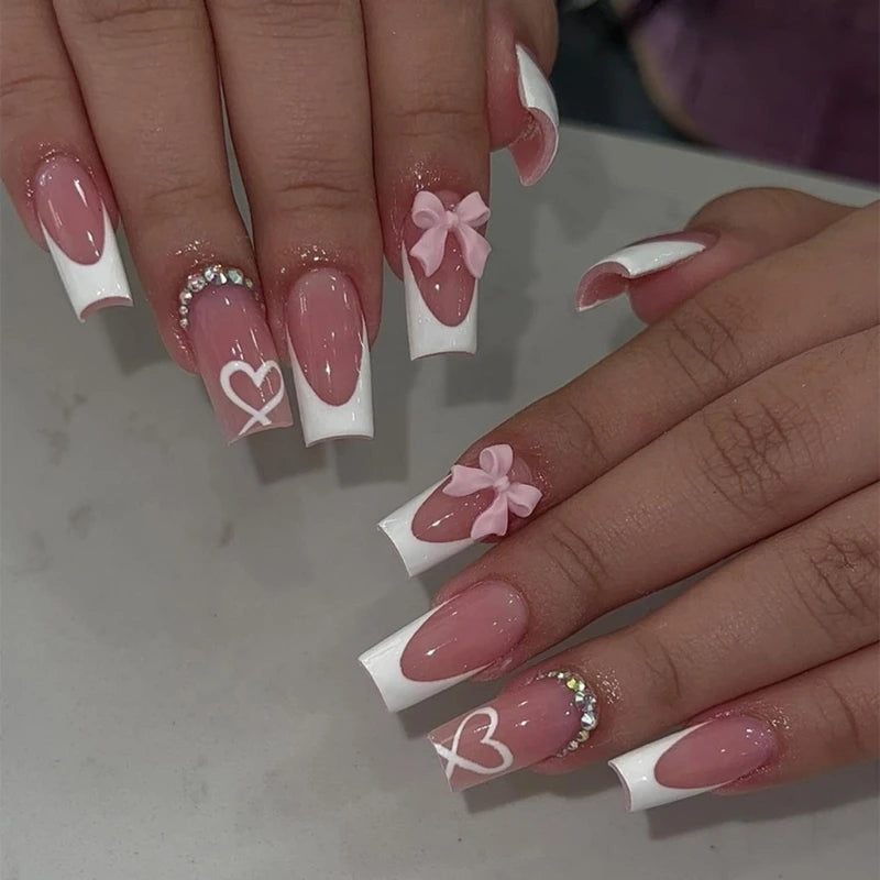 Chic Bows Tie Adorned Press On Nails Medium Long False Nails Full Cover Glossy Nude Square Acrylic False Nails Drop Shipping