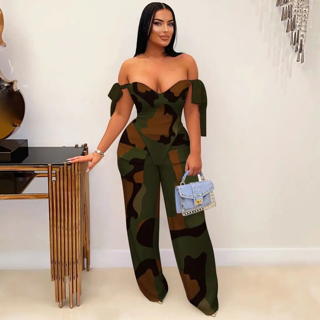 2 Piece Sets Women Print Top Straight Pants Suit Multiple Pockets Strapless Floor Length Trousers Ensemble 2025 Sexy Outfits