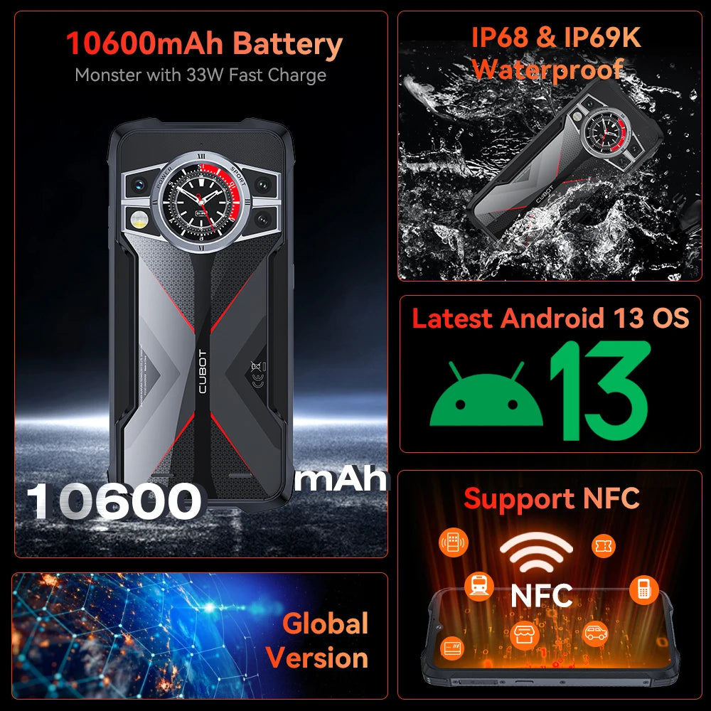 Cubot KingKong 9 Rugged Smartphone Helio G99 4G 6.58-inch 120Hz Screen 12GB+256GB 100MP 10600mAh Battery NFC Android 13